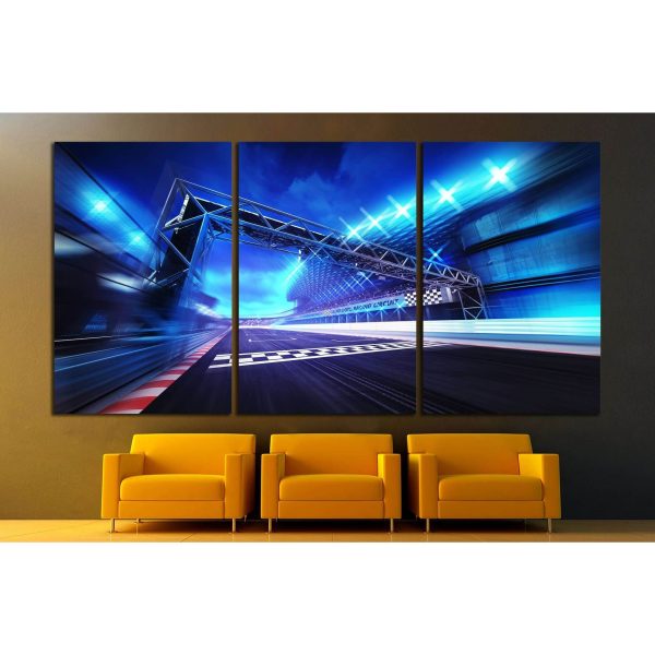 finish gate on racetrack stadium and spotlights in motion blur №3285 Ready to Hang Canvas Print on Sale - Image 2
