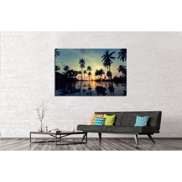 Beautiful sunset on a tropical beach with palm trees reflection in the water №3106 Ready to Hang Canvas Print For Sale - Image 3