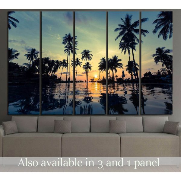 Beautiful sunset on a tropical beach with palm trees reflection in the water №3106 Ready to Hang Canvas Print For Sale