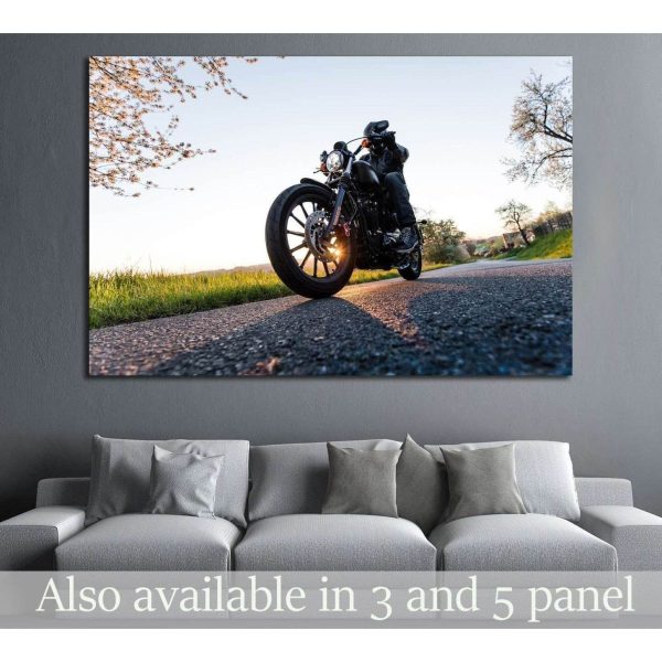 Man sat on motorcycle on the road during sunrise №1874 Ready to Hang Canvas Print Cheap
