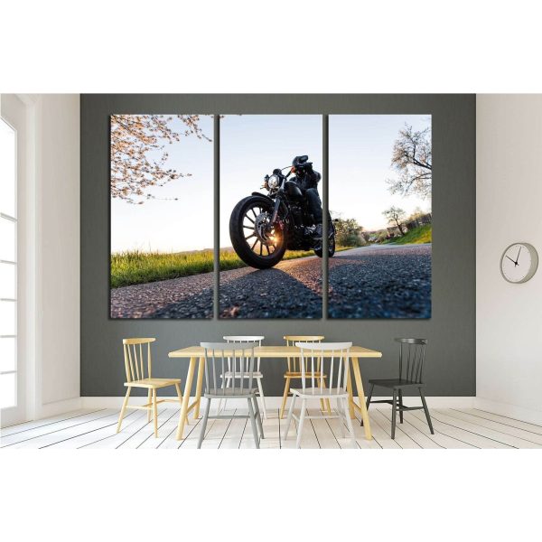 Man sat on motorcycle on the road during sunrise №1874 Ready to Hang Canvas Print Cheap - Image 3