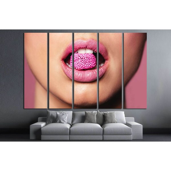 Beautiful pink lips with a piece of sweet candy. №2755 Ready to Hang Canvas Print Online Sale - Image 2