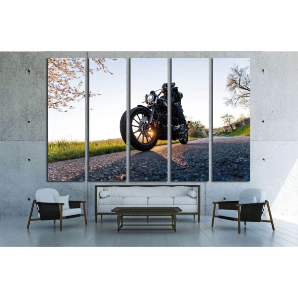 Man sat on motorcycle on the road during sunrise №1874 Ready to Hang Canvas Print Cheap - Image 2