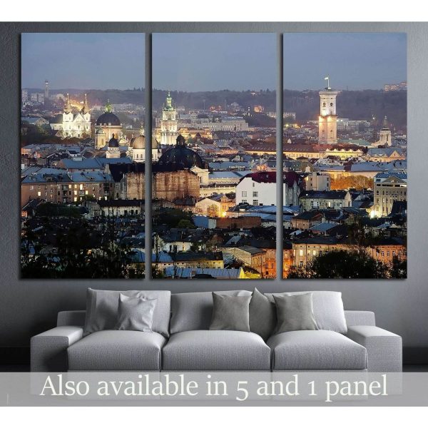 Night scenery of Lvov, view from height. Ukraine №2629 Ready to Hang Canvas Print Cheap
